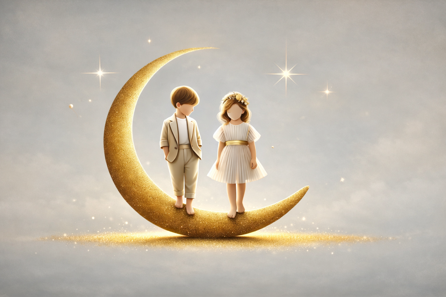 Two children standing together on a golden crescent moon